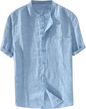 Mens Mandarin Collar Short Sleeve Shirts Lightweight Button Down Tops Soft Summer Blouses Casual Relaxed Fit 2025