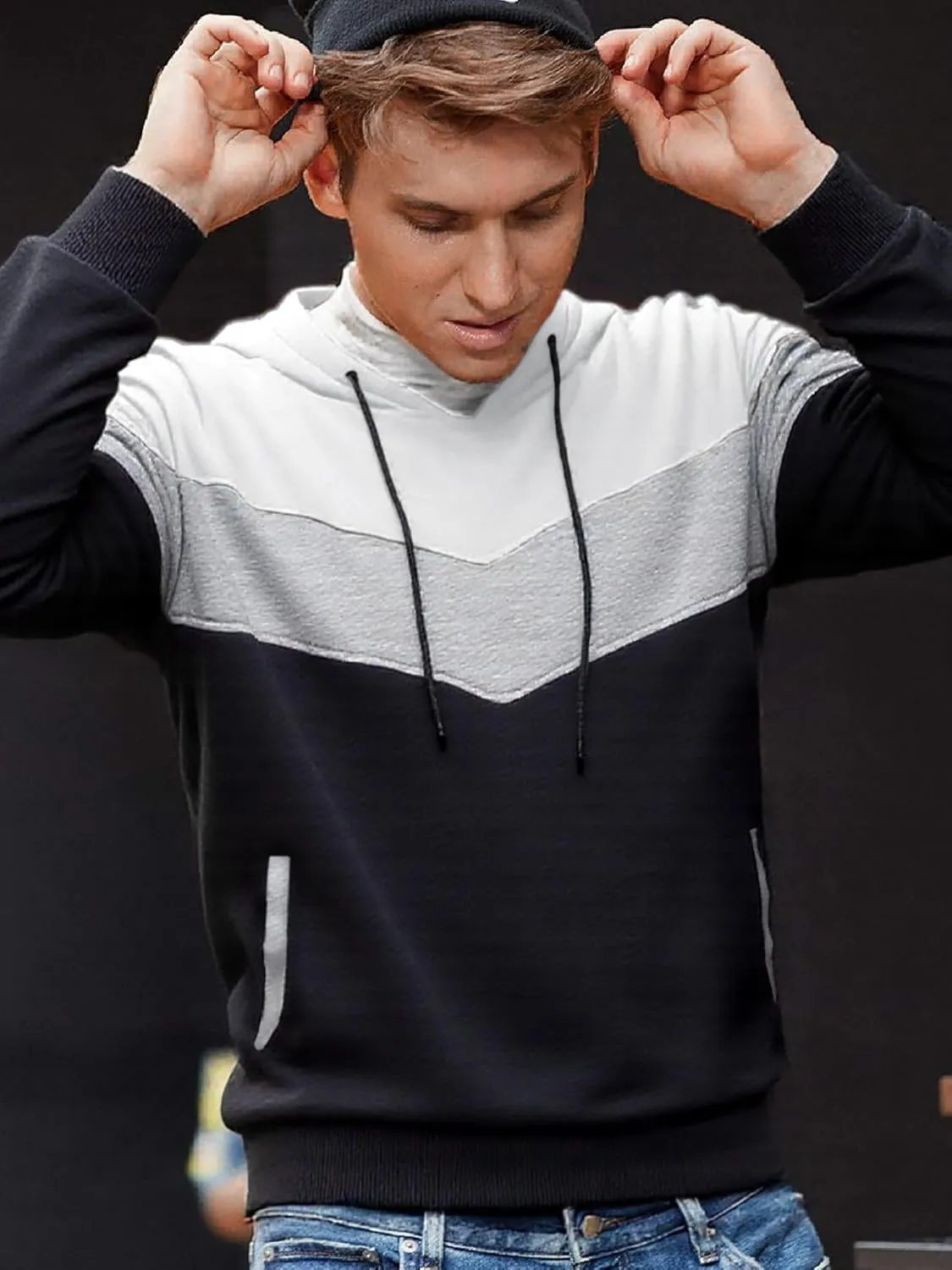 Men's Pullover Fleece Hoodie Sweatshirt Color Block Long Sleeve Novelty Casual Hoodies with Pockets