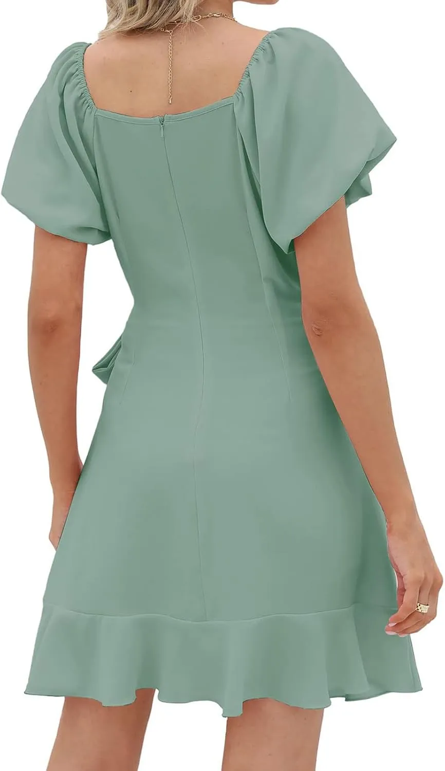 Mini Dresses for Women Square Neck Puff Sleeve Tie Waist Short Dress Ruffle Wrap A Line Flowy Dresses