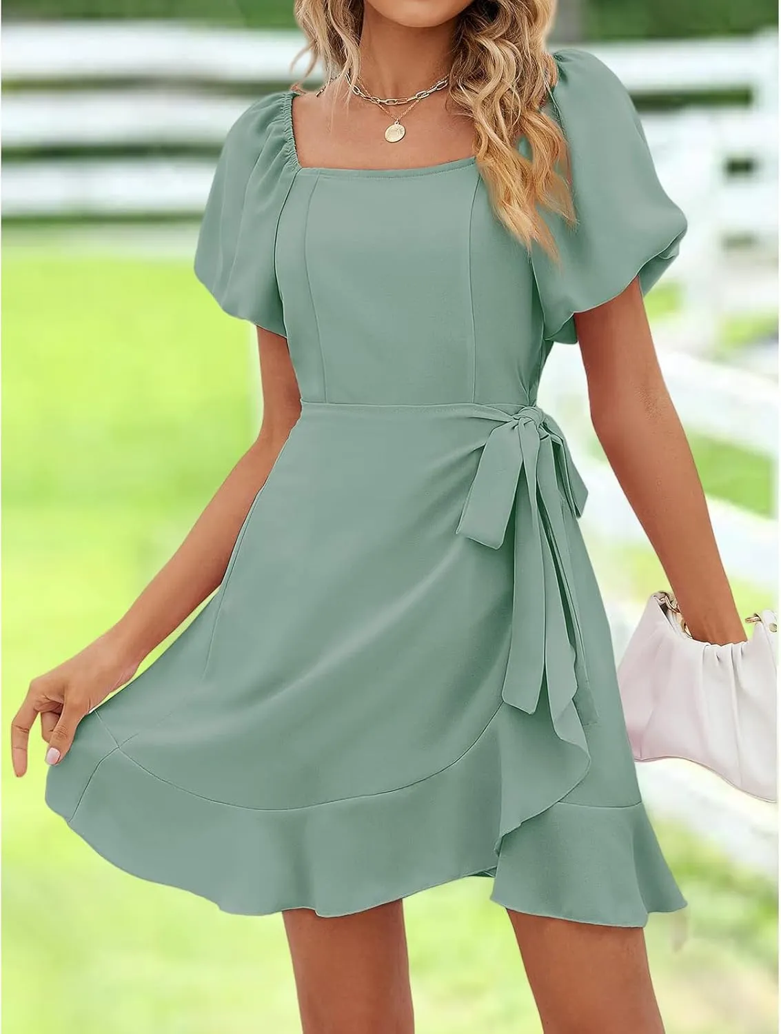 Mini Dresses for Women Square Neck Puff Sleeve Tie Waist Short Dress Ruffle Wrap A Line Flowy Dresses