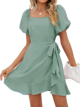 Mini Dresses for Women Square Neck Puff Sleeve Tie Waist Short Dress Ruffle Wrap A Line Flowy Dresses