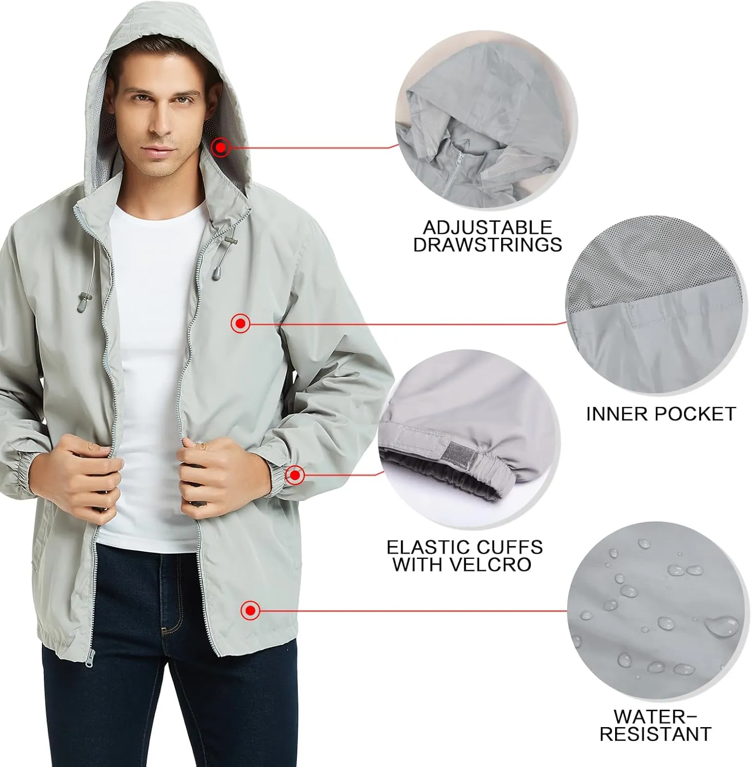 Mywu Mens Windbreaker Jackets Lightweight Rain Jacket Waterproof Raincoat with Hood Outdoor Running Hiking Cycling