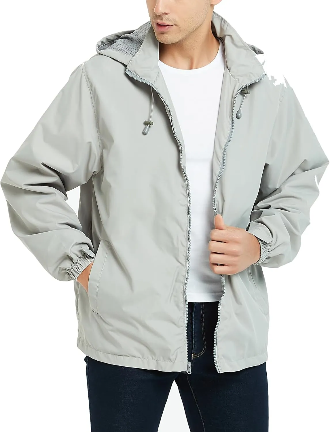 Mywu Mens Windbreaker Jackets Lightweight Rain Jacket Waterproof Raincoat with Hood Outdoor Running Hiking Cycling