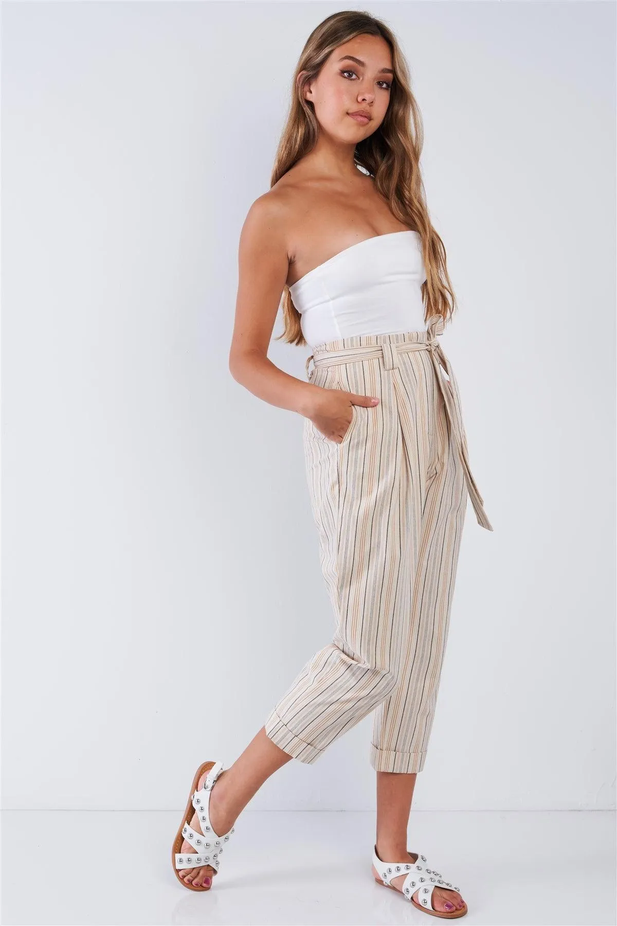 Natural Yellow Taupe Striped High Waisted Tapered Folded Hem Pant /