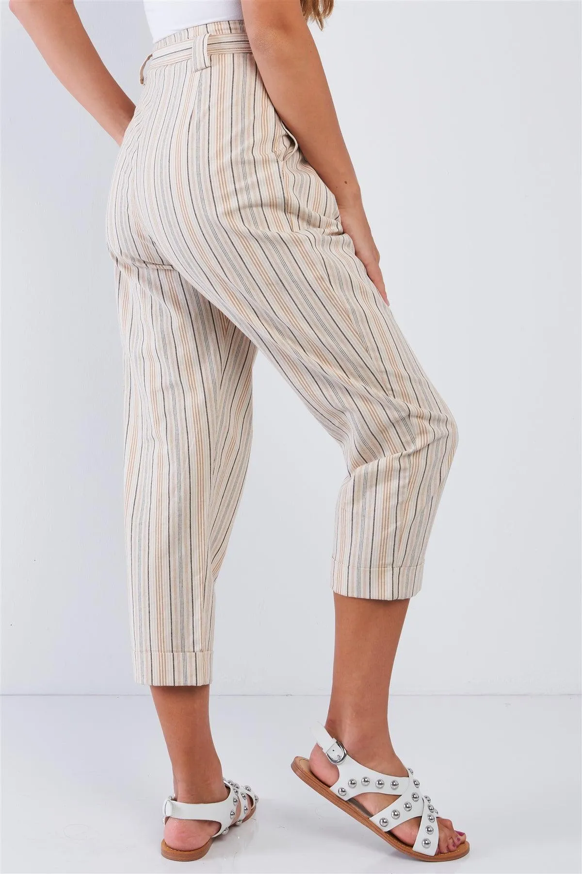 Natural Yellow Taupe Striped High Waisted Tapered Folded Hem Pant /