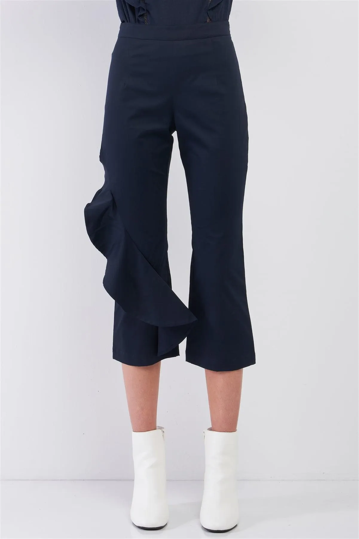 Navy High Waist Ruffle Trim Detail Bell Bottom Capri Pants /1-3-3