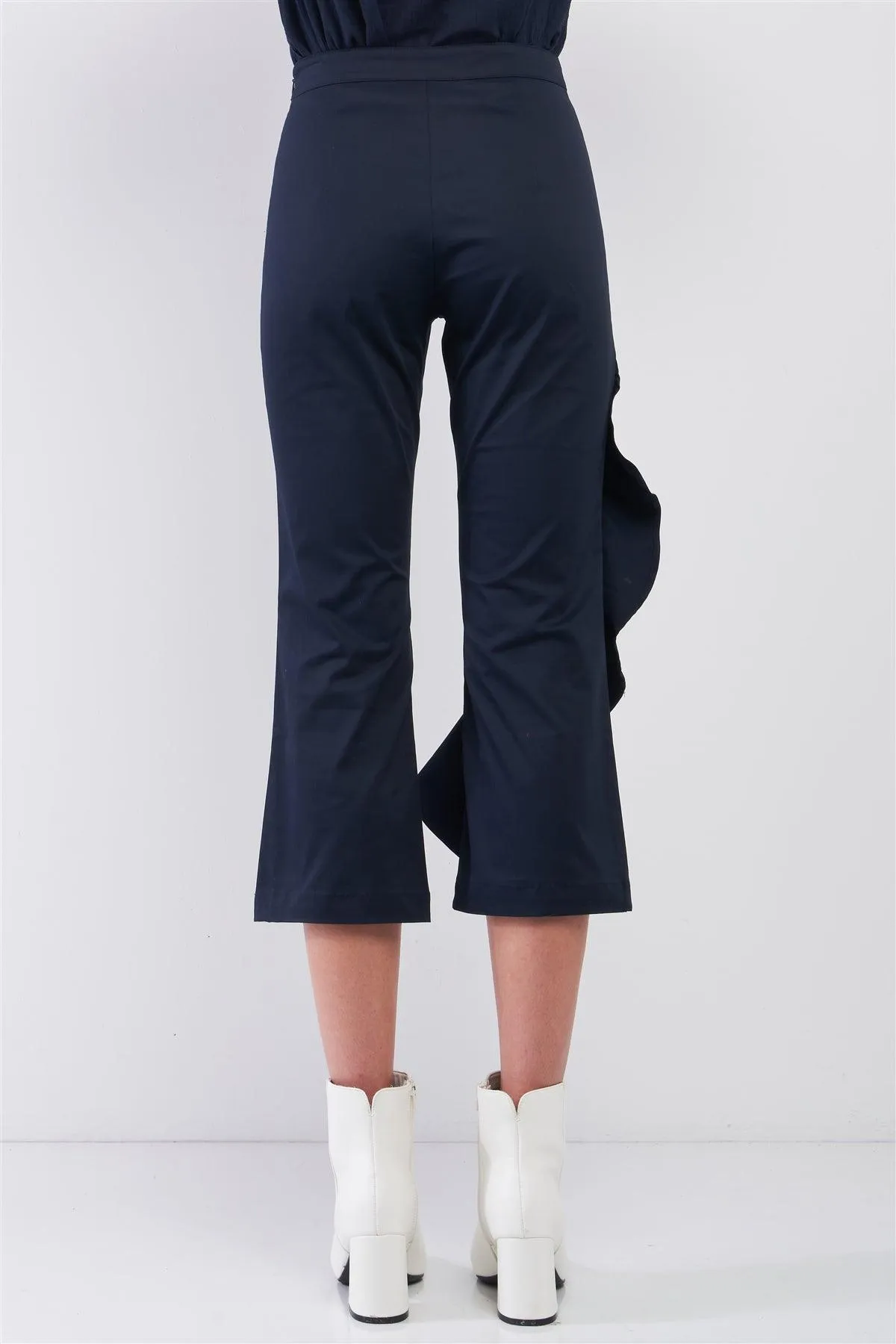 Navy High Waist Ruffle Trim Detail Bell Bottom Capri Pants /1-3-3