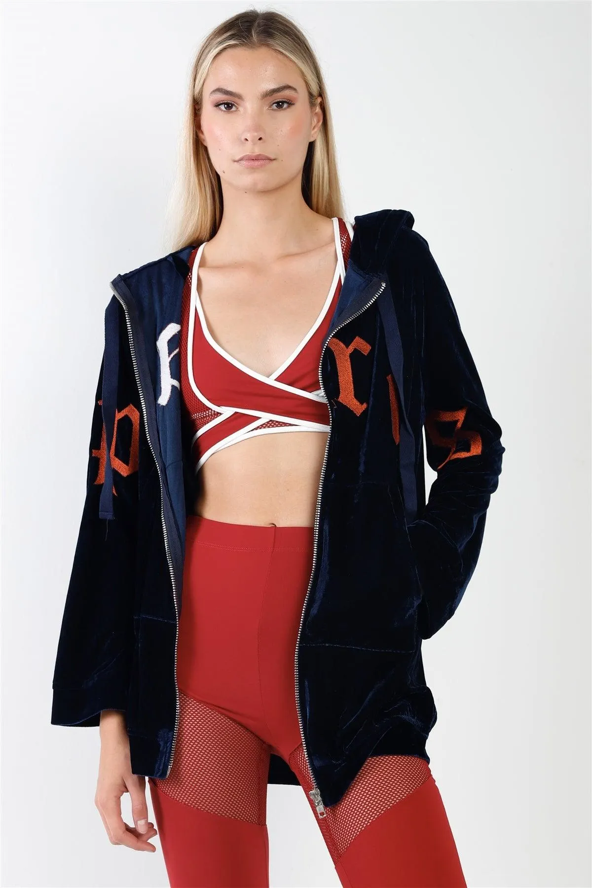Navy Oversized Graphic Letters Zip Up Hoodie Sweater /2-2-1