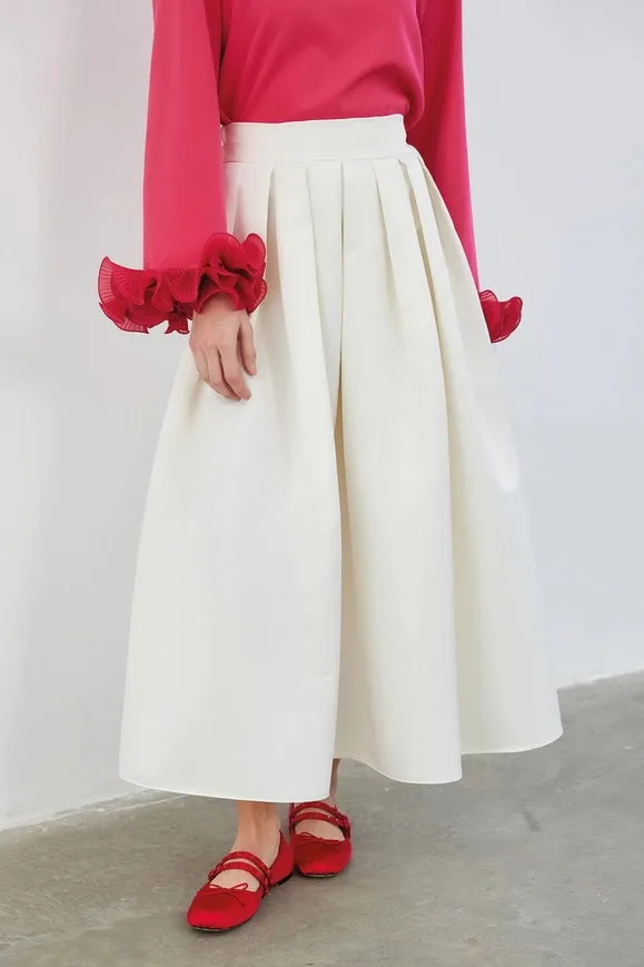 Ole Pleated High Waist Taffeta Skirt Ecru
