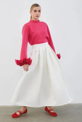 Ole Pleated High Waist Taffeta Skirt Ecru