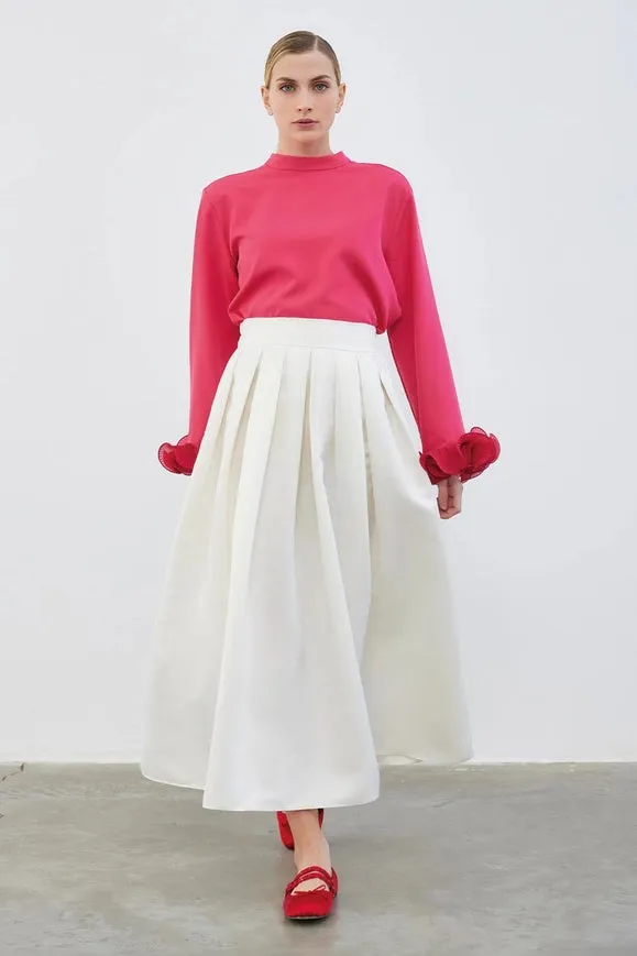 Ole Pleated High Waist Taffeta Skirt Ecru