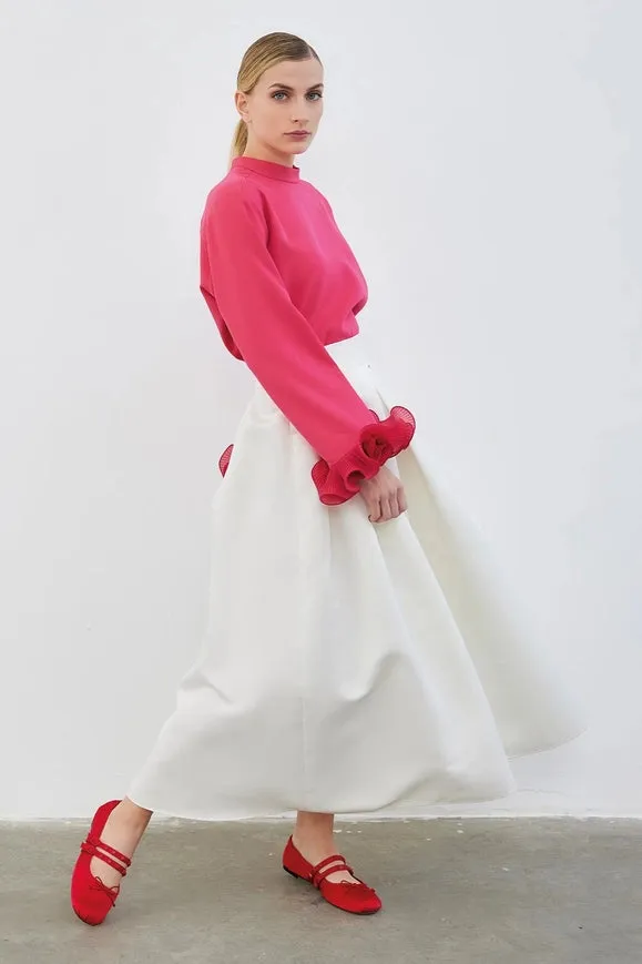Ole Pleated High Waist Taffeta Skirt Ecru