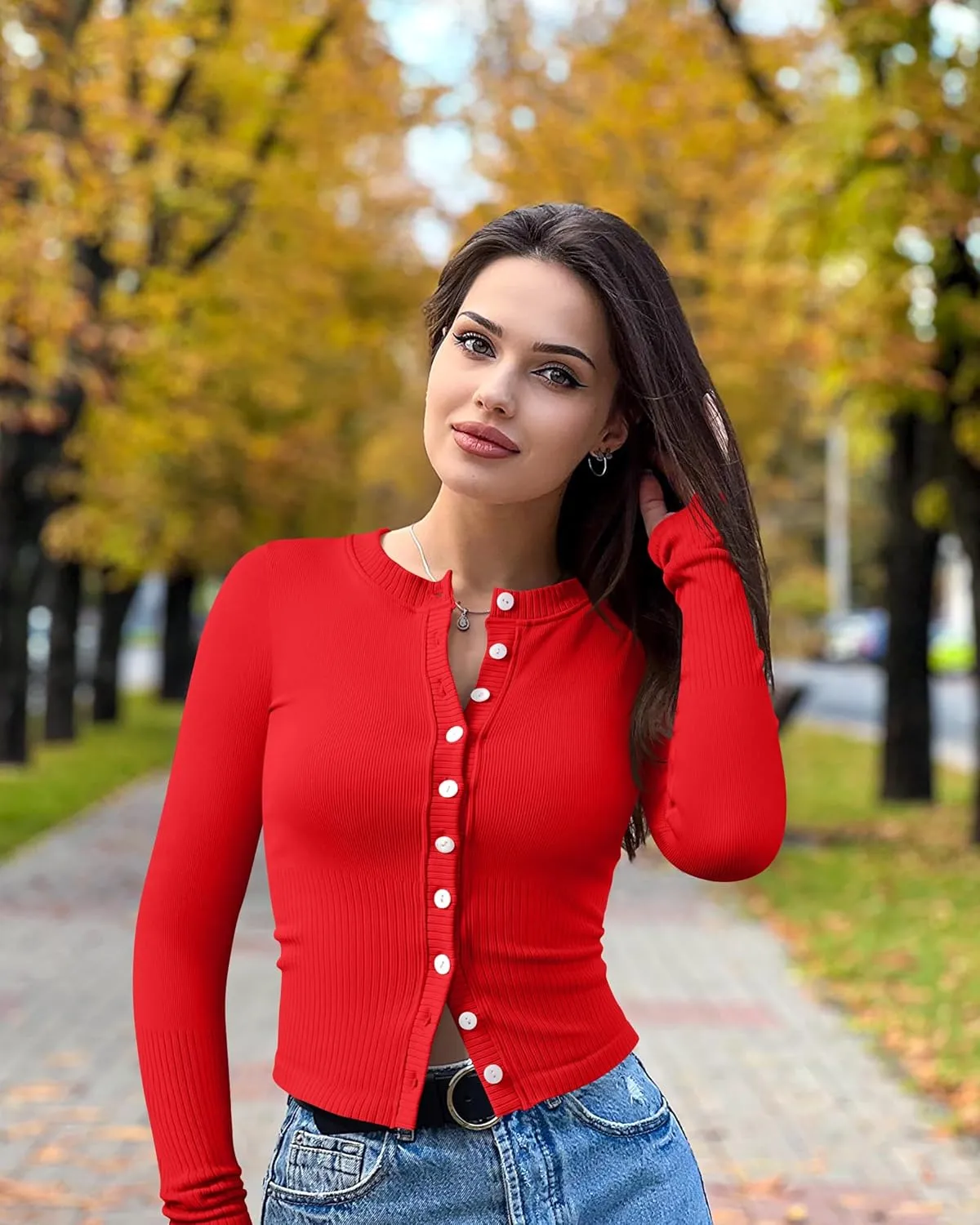 OQQ Womens Long Sleeve Shirts Crew Neck Button Knit Stretch Casual Basic Tops Fitted Tee Shirts