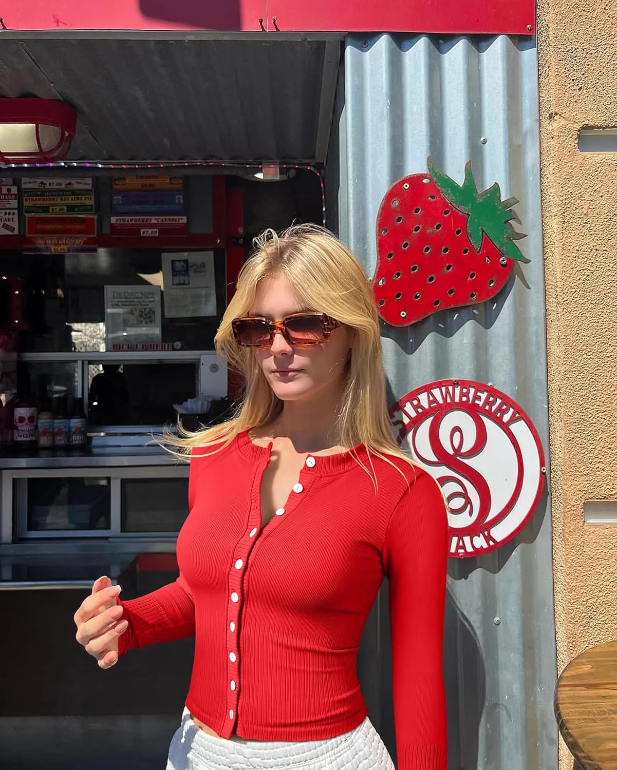 OQQ Womens Long Sleeve Shirts Crew Neck Button Knit Stretch Casual Basic Tops Fitted Tee Shirts