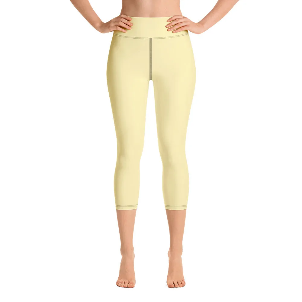 Pale Yellow Yoga Capri Leggings, Solid Pastel Yellow Color Women's Tights-Made in USA/EU/MX