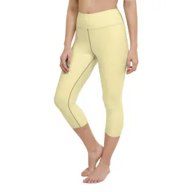 Pale Yellow Yoga Capri Leggings, Solid Pastel Yellow Color Women's Tights-Made in USA/EU/MX
