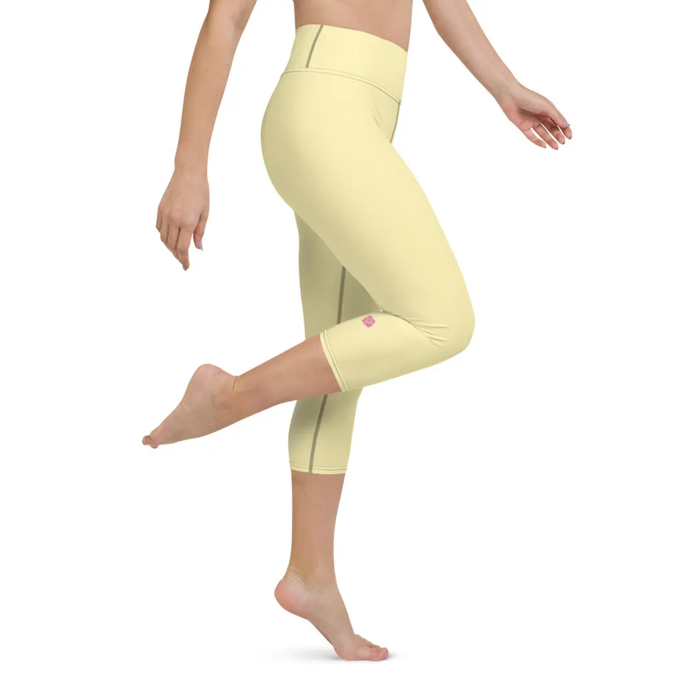 Pale Yellow Yoga Capri Leggings, Solid Pastel Yellow Color Women's Tights-Made in USA/EU/MX