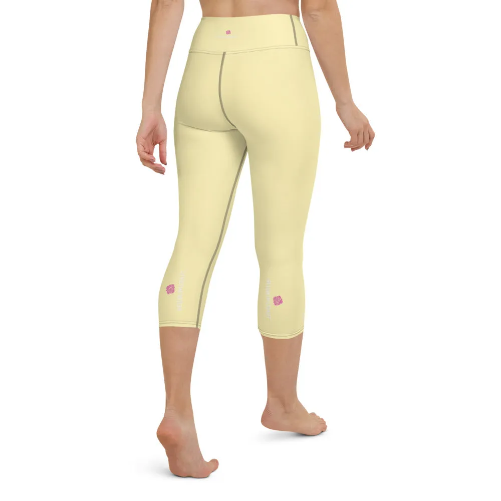 Pale Yellow Yoga Capri Leggings, Solid Pastel Yellow Color Women's Tights-Made in USA/EU/MX