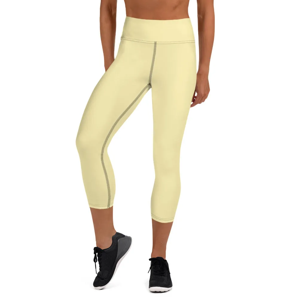Pale Yellow Yoga Capri Leggings, Solid Pastel Yellow Color Women's Tights-Made in USA/EU/MX