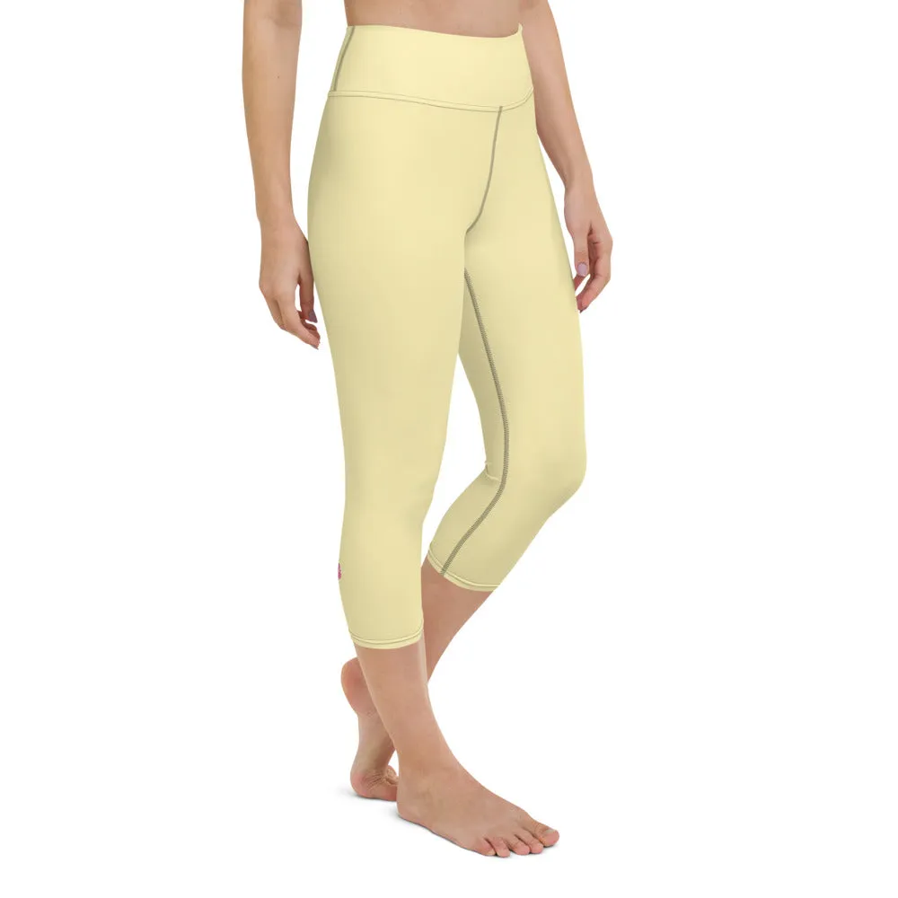 Pale Yellow Yoga Capri Leggings, Solid Pastel Yellow Color Women's Tights-Made in USA/EU/MX