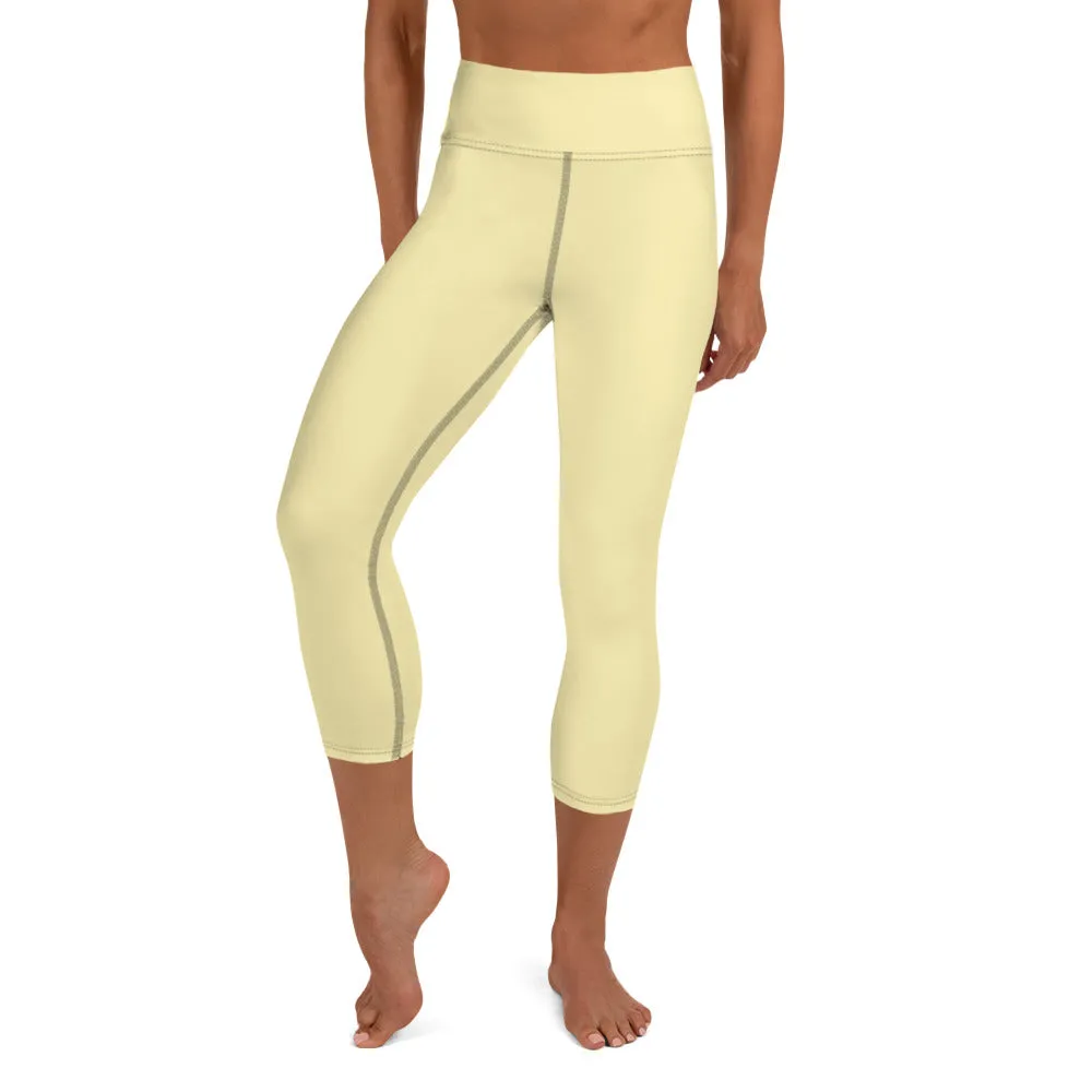 Pale Yellow Yoga Capri Leggings, Solid Pastel Yellow Color Women's Tights-Made in USA/EU/MX