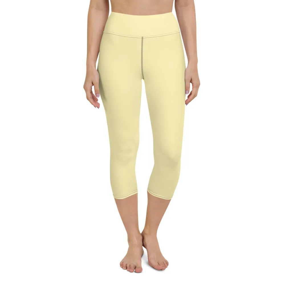 Pale Yellow Yoga Capri Leggings, Solid Pastel Yellow Color Women's Tights-Made in USA/EU/MX