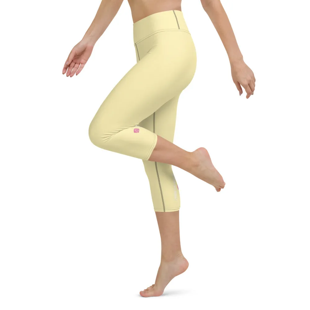 Pale Yellow Yoga Capri Leggings, Solid Pastel Yellow Color Women's Tights-Made in USA/EU/MX