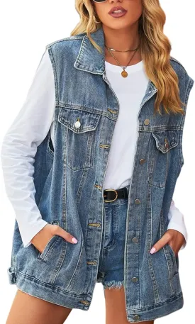 Perbai Women's Oversized Denim Vest Distressed Mid Long Sleeveless Jean Jacket Waistcoat with Pockets