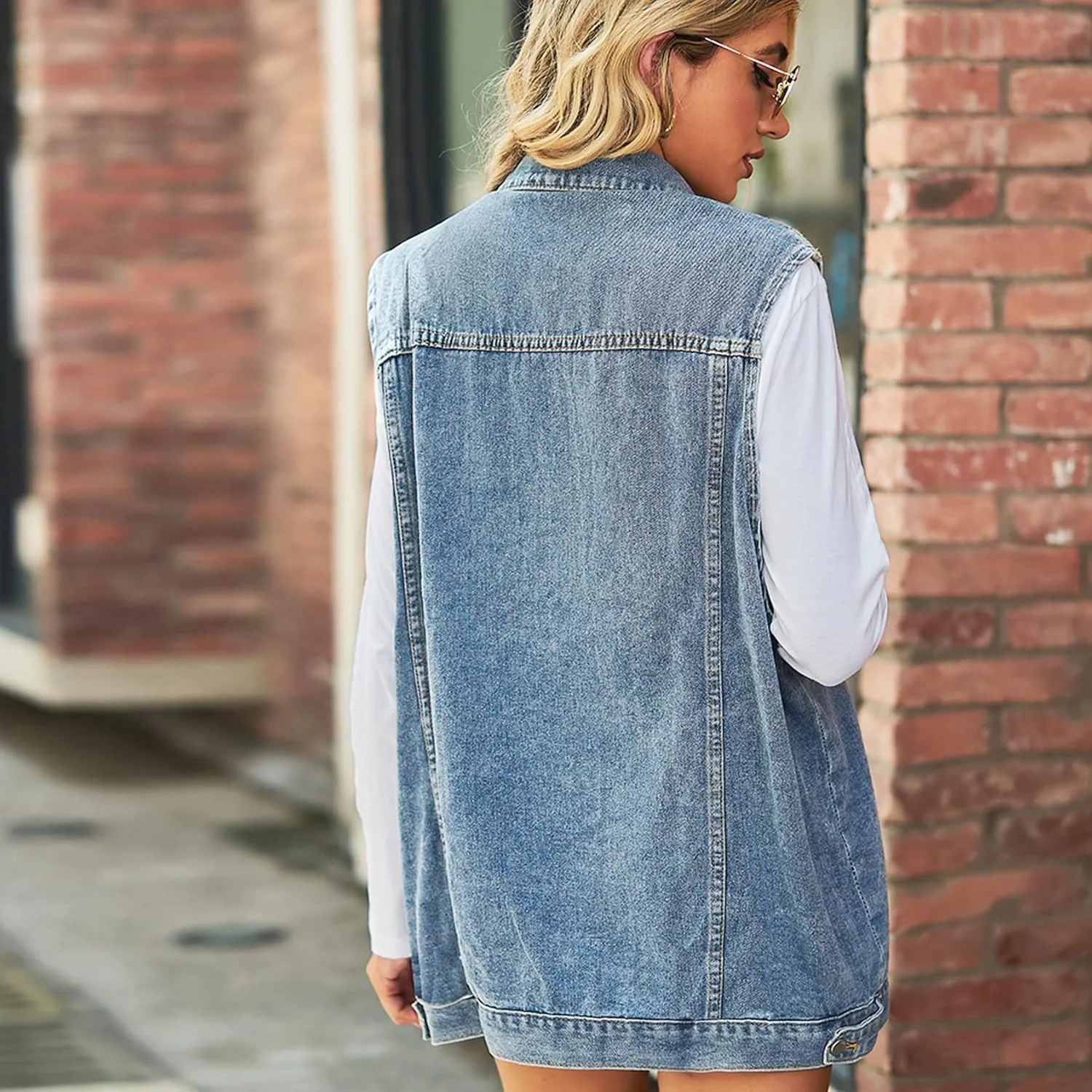 Perbai Women's Oversized Denim Vest Distressed Mid Long Sleeveless Jean Jacket Waistcoat with Pockets