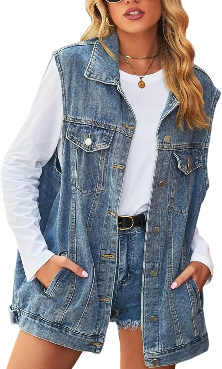 Perbai Women's Oversized Denim Vest Distressed Mid Long Sleeveless Jean Jacket Waistcoat with Pockets