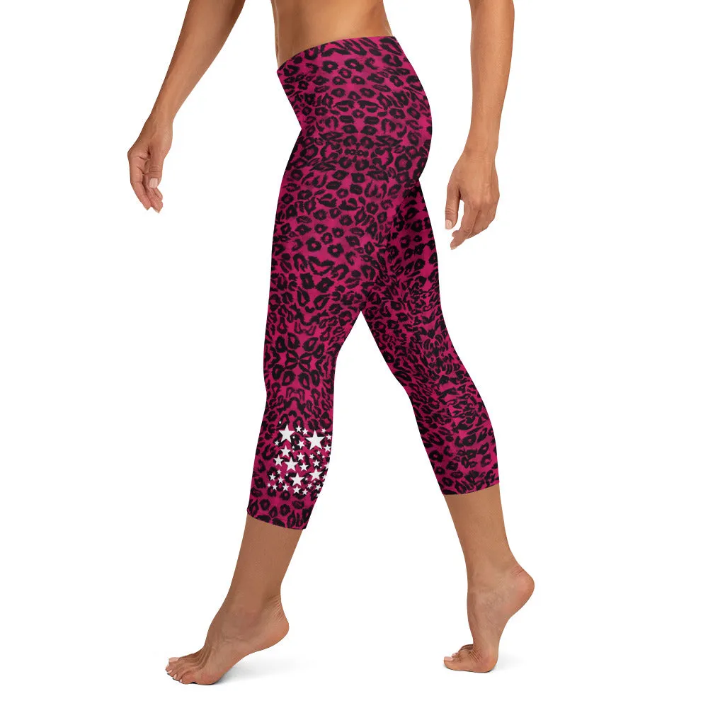 Pink Leopard Casual Capri Leggings, Leopard Animal Print Women's Capris Tights-Made in USA/EU