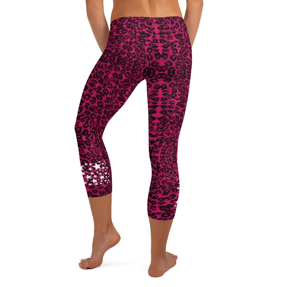 Pink Leopard Casual Capri Leggings, Leopard Animal Print Women's Capris Tights-Made in USA/EU