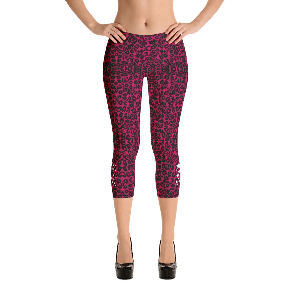 Pink Leopard Casual Capri Leggings, Leopard Animal Print Women's Capris Tights-Made in USA/EU