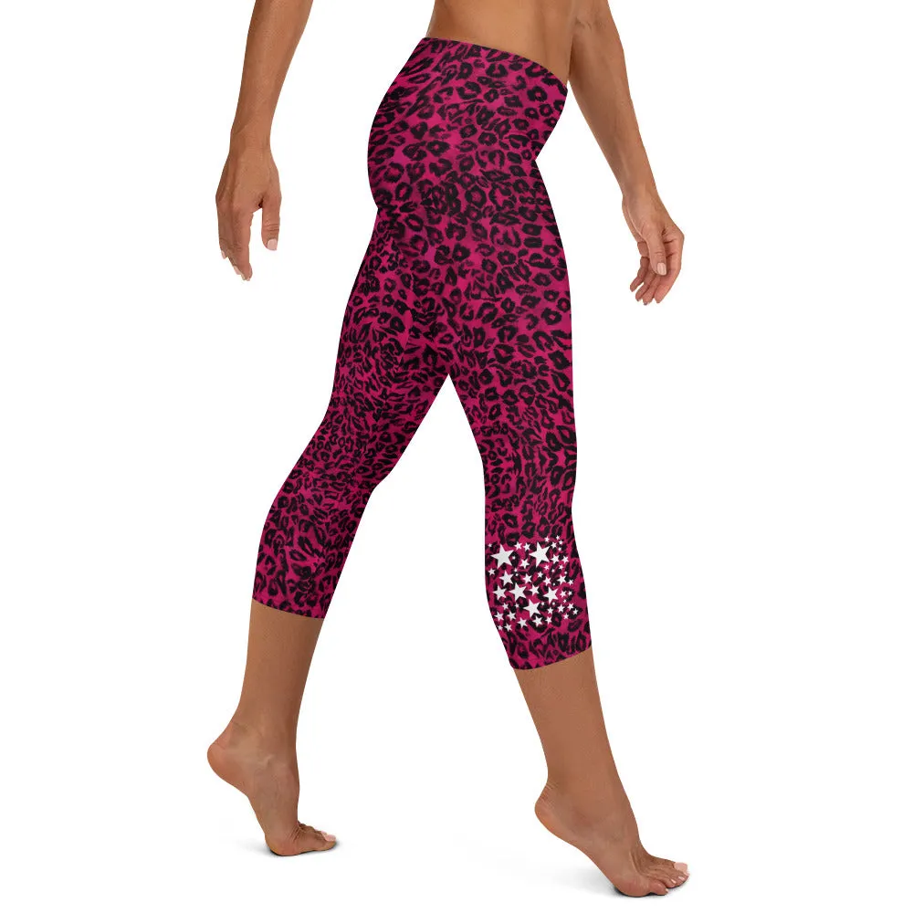 Pink Leopard Casual Capri Leggings, Leopard Animal Print Women's Capris Tights-Made in USA/EU
