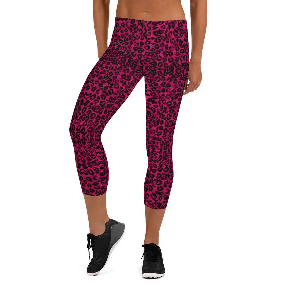 Pink Leopard Casual Capri Leggings, Leopard Animal Print Women's Capris Tights-Made in USA/EU