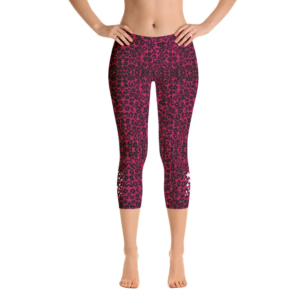 Pink Leopard Casual Capri Leggings, Leopard Animal Print Women's Capris Tights-Made in USA/EU