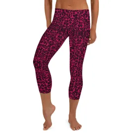 Pink Leopard Casual Capri Leggings, Leopard Animal Print Women's Capris Tights-Made in USA/EU