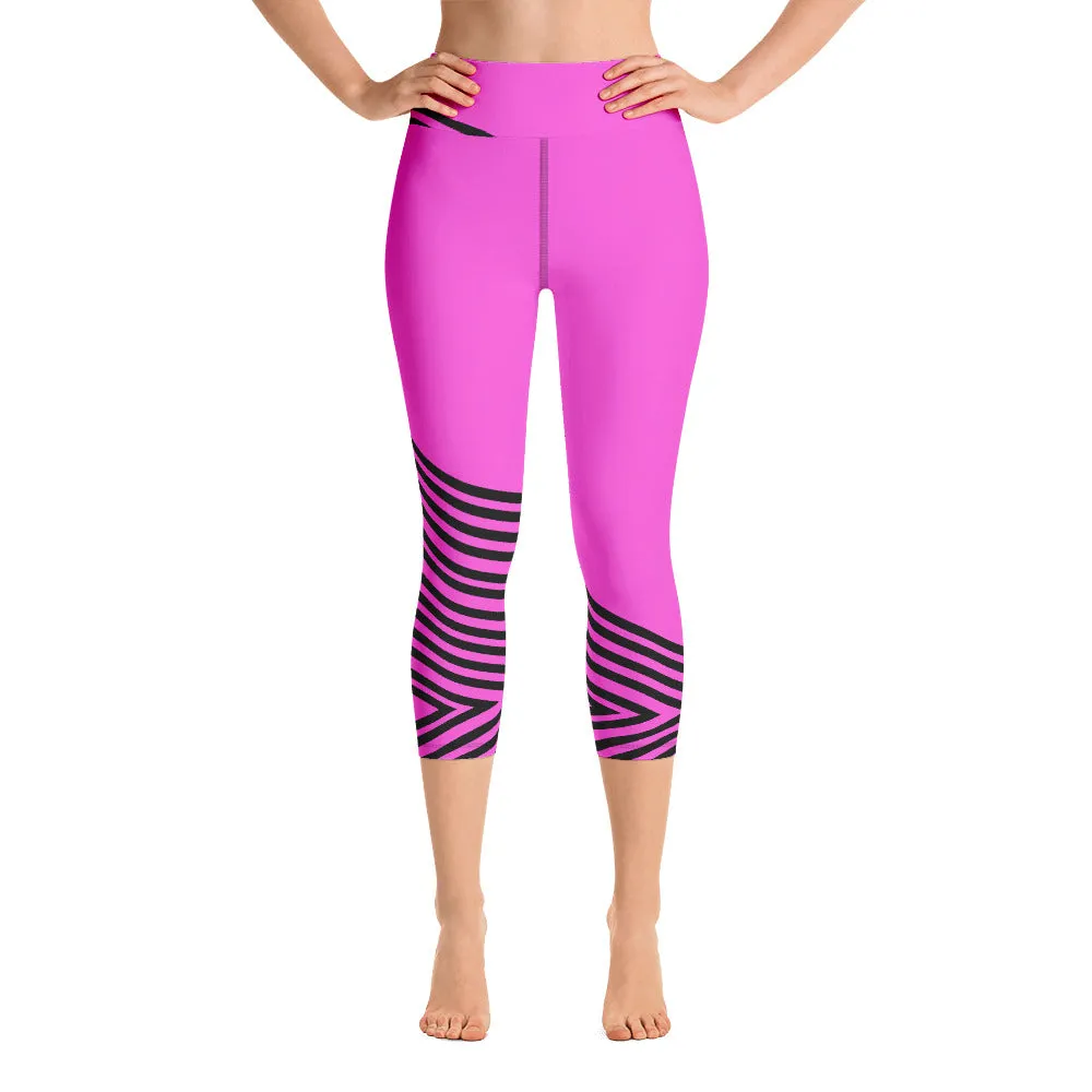 Pink Striped Yoga Capri Leggings, Modern Sporty Women's Capri Tights-Made in USA/EU