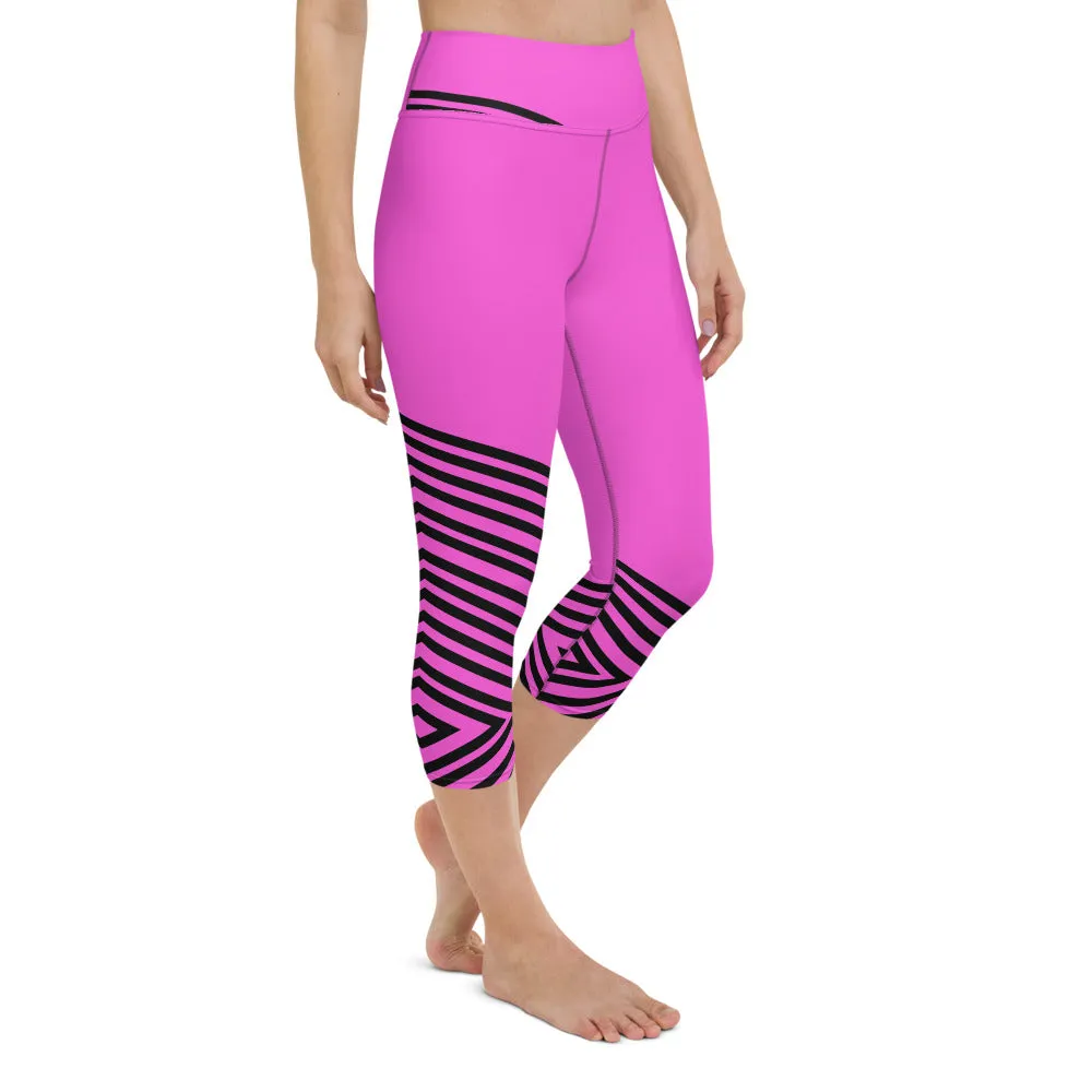 Pink Striped Yoga Capri Leggings, Modern Sporty Women's Capri Tights-Made in USA/EU
