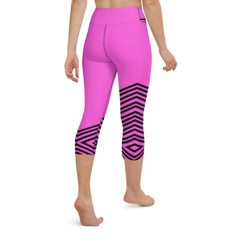 Pink Striped Yoga Capri Leggings, Modern Sporty Women's Capri Tights-Made in USA/EU