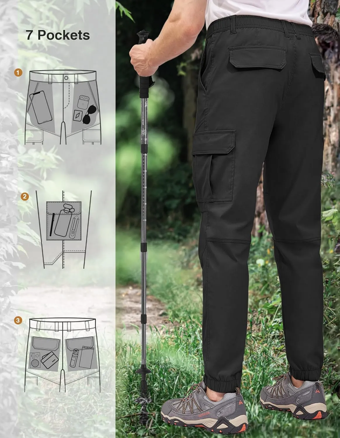 PULI Men's Waterproof Hiking Pants, Slim Fit Cargo Joggers, Stretch Quick Dry Outdoor Pants with Pockets