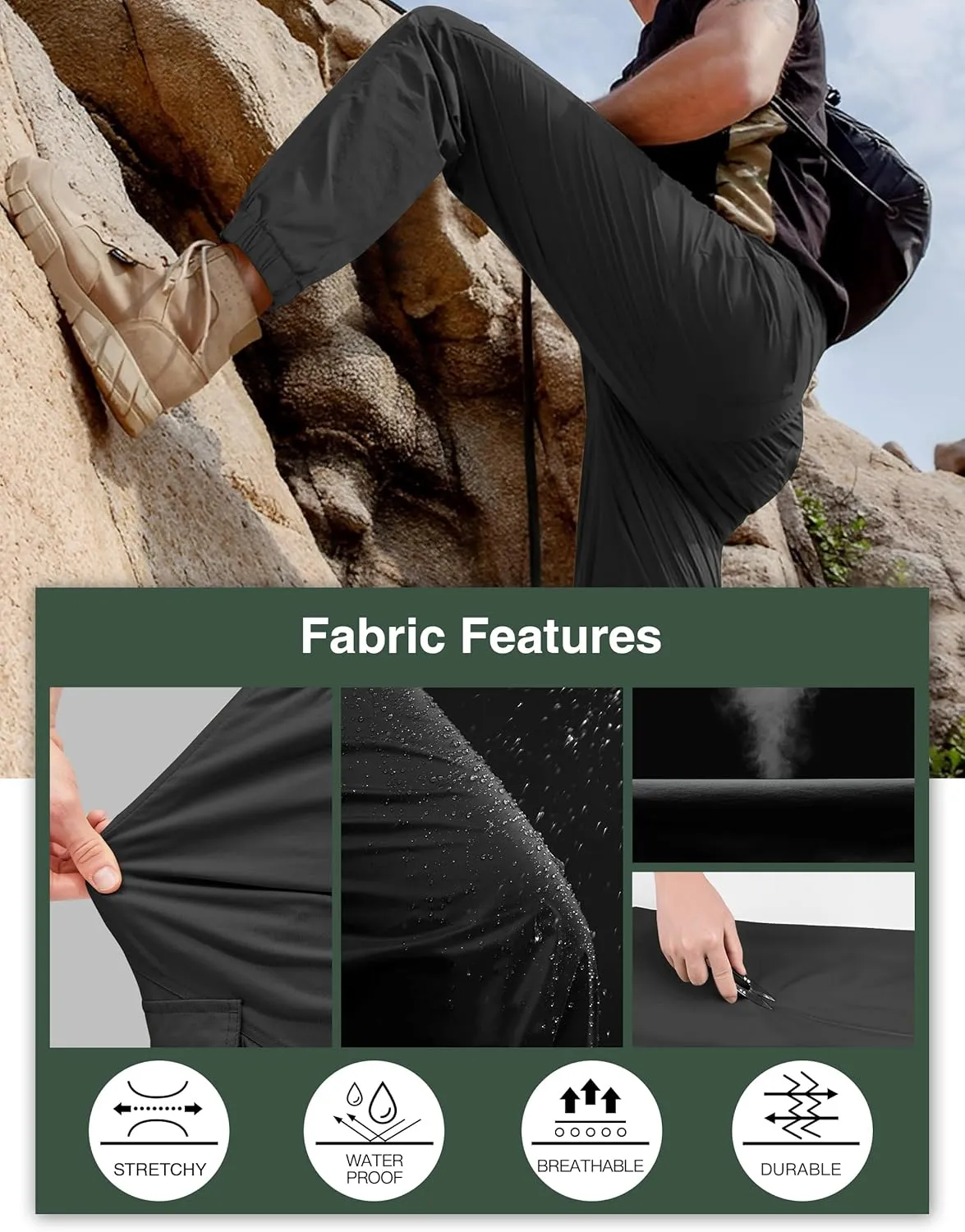 PULI Men's Waterproof Hiking Pants, Slim Fit Cargo Joggers, Stretch Quick Dry Outdoor Pants with Pockets