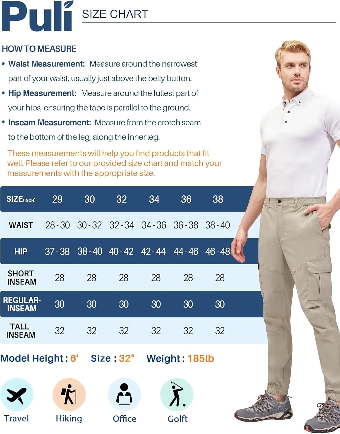 PULI Men's Waterproof Hiking Pants, Slim Fit Cargo Joggers, Stretch Quick Dry Outdoor Pants with Pockets