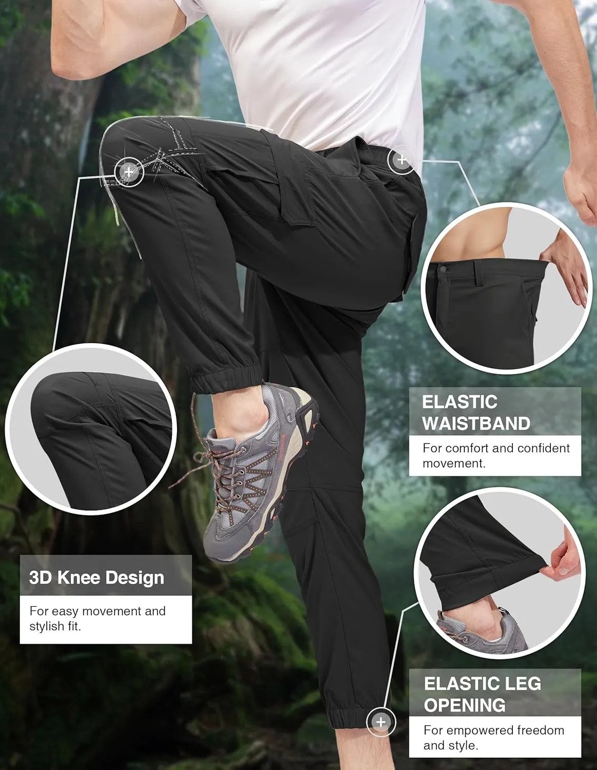 PULI Men's Waterproof Hiking Pants, Slim Fit Cargo Joggers, Stretch Quick Dry Outdoor Pants with Pockets