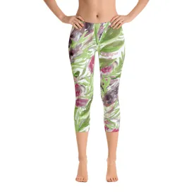 Purple Lavender Floral Capri Tights, Designer Capris Leggings For Women-Made in USA/EU