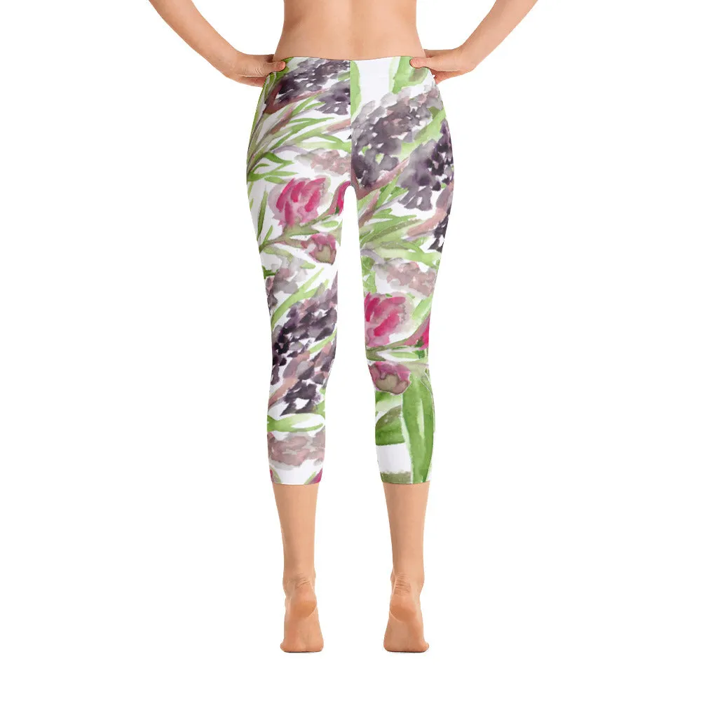 Purple Lavender Floral Capri Tights, Designer Capris Leggings For Women-Made in USA/EU