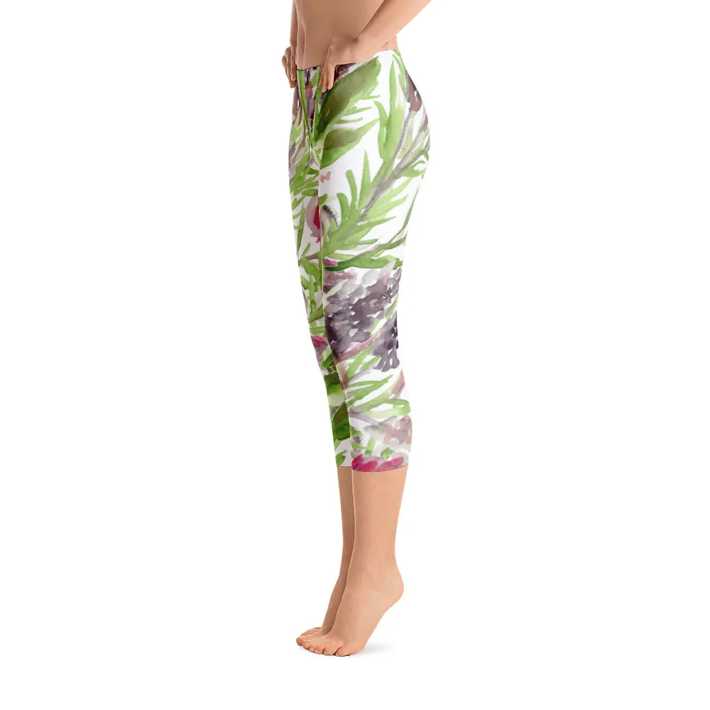 Purple Lavender Floral Capri Tights, Designer Capris Leggings For Women-Made in USA/EU