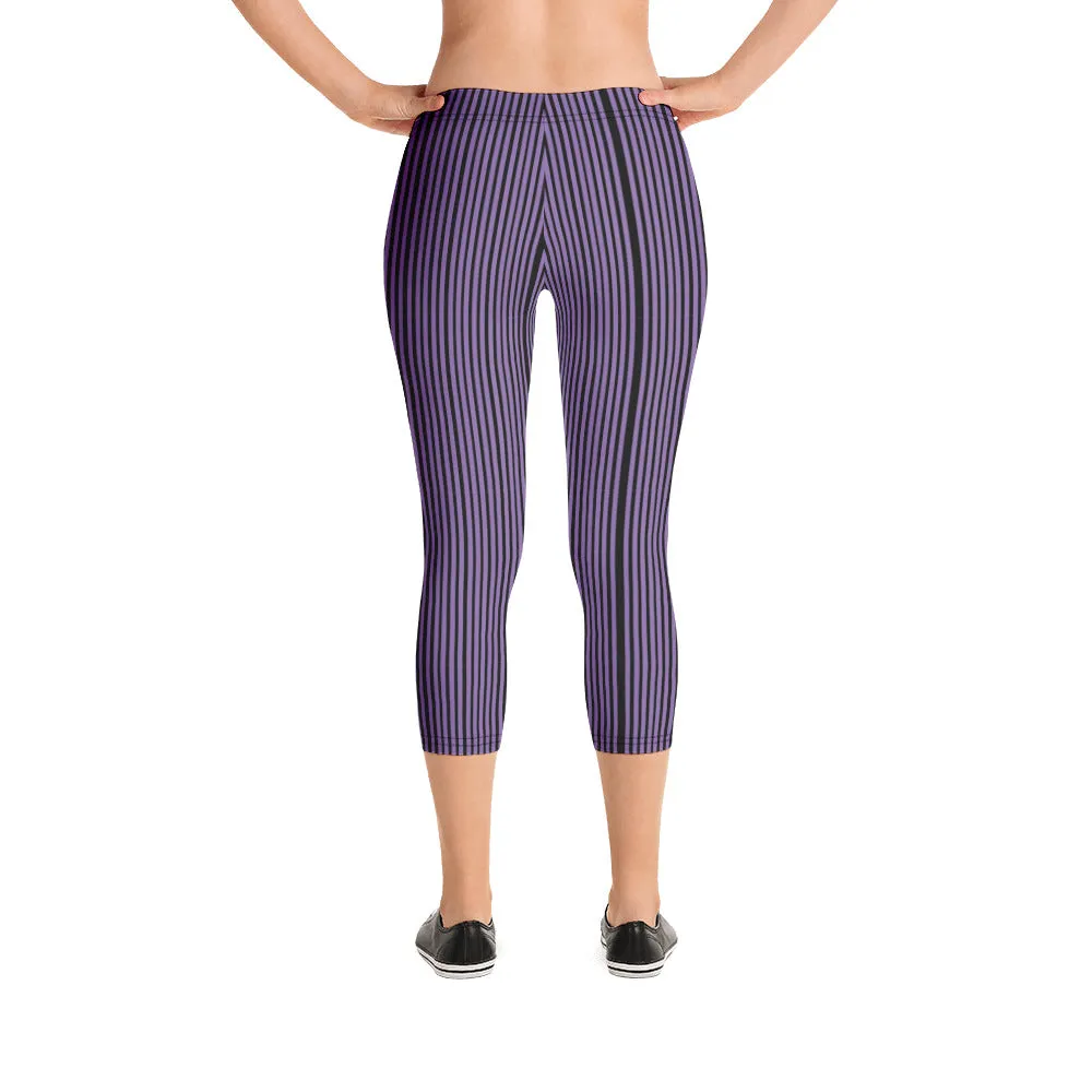 Purple Stripe Casual Capri Leggings, Modern Striped Women's Casual Capris Tights-Made in USA/EU