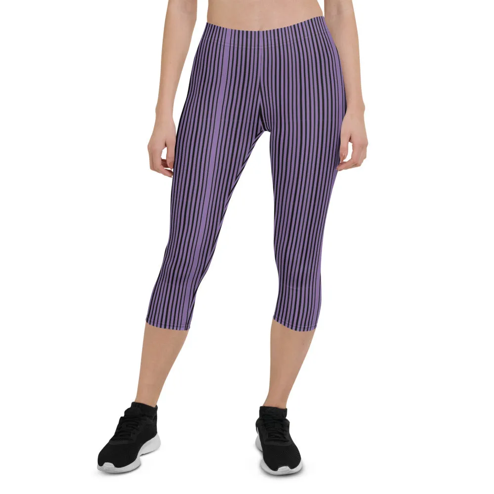 Purple Stripe Casual Capri Leggings, Modern Striped Women's Casual Capris Tights-Made in USA/EU