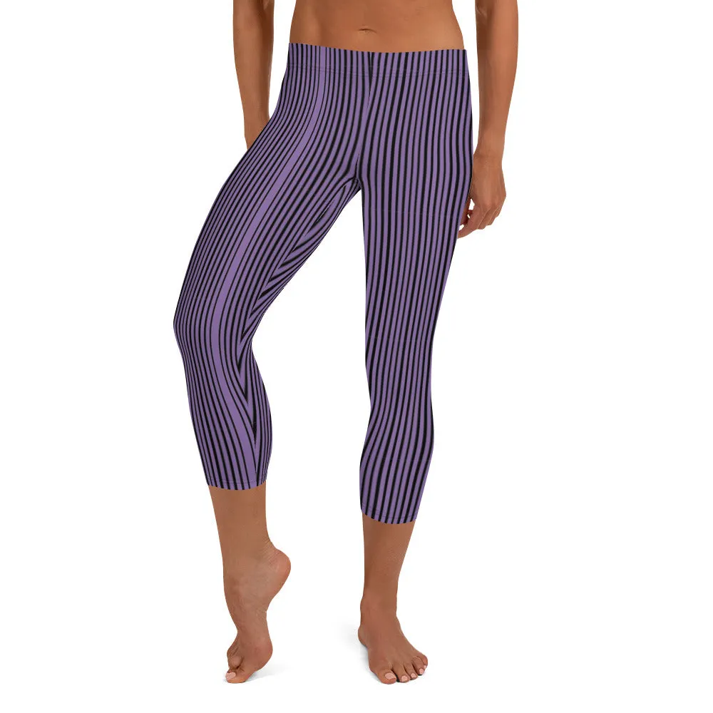 Purple Stripe Casual Capri Leggings, Modern Striped Women's Casual Capris Tights-Made in USA/EU